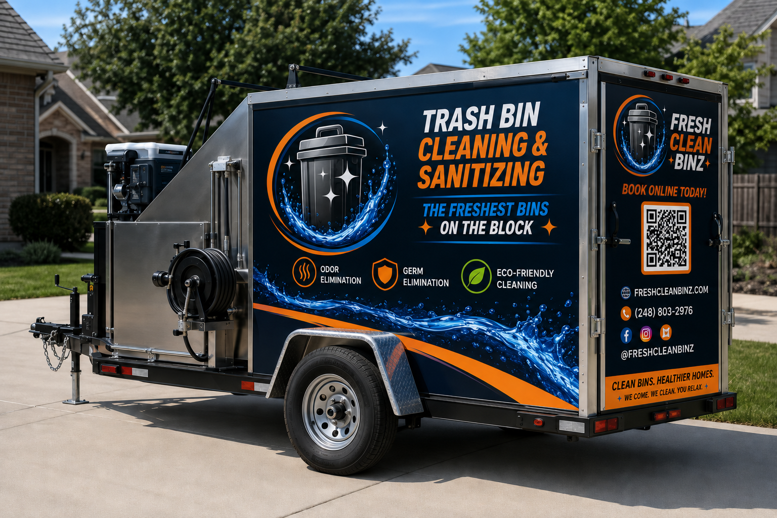 Fresh Clean Binz service truck cleaning residential trash bins curbside in an Oakland County driveway